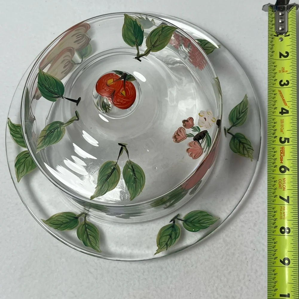 Vintage  Hand-Painted Glass Butter Dish with Red Fruit Motif